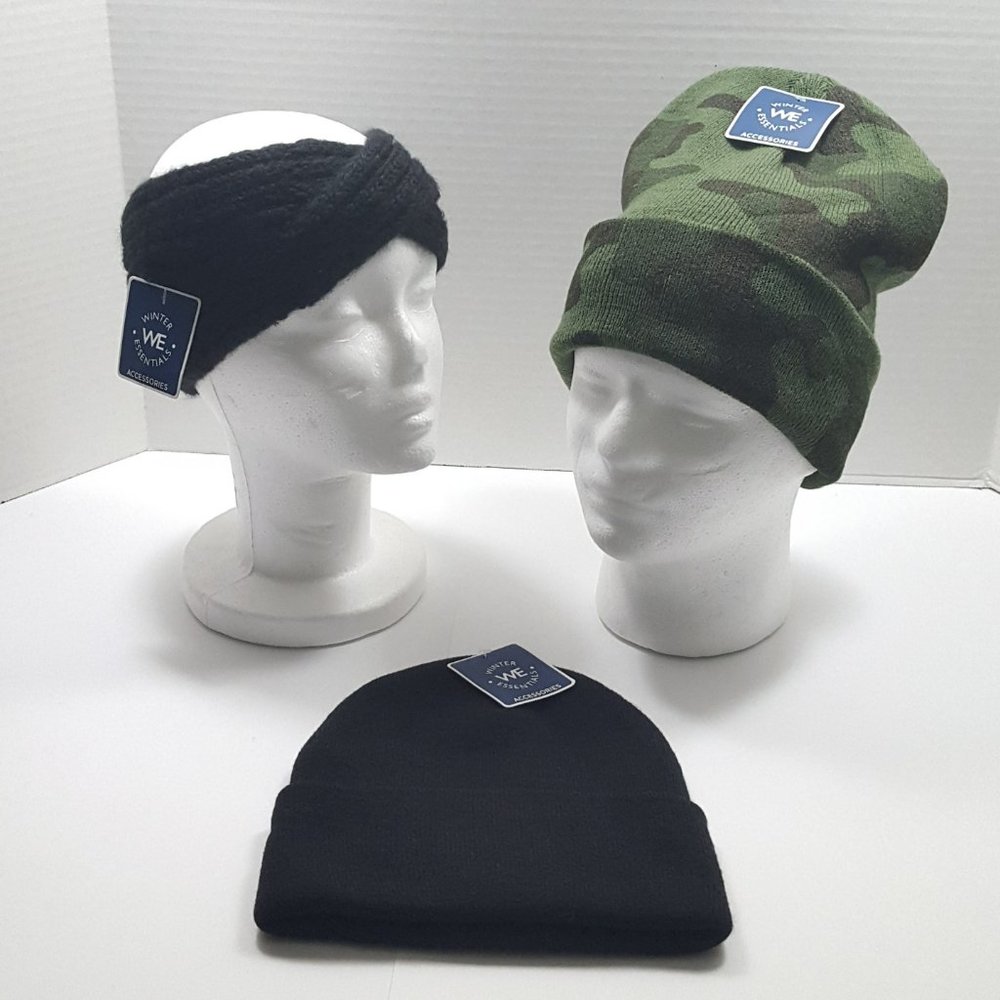3 Winter Essentials Head Wear Bundle, Camouflage & Black Beanie Winter Wear.